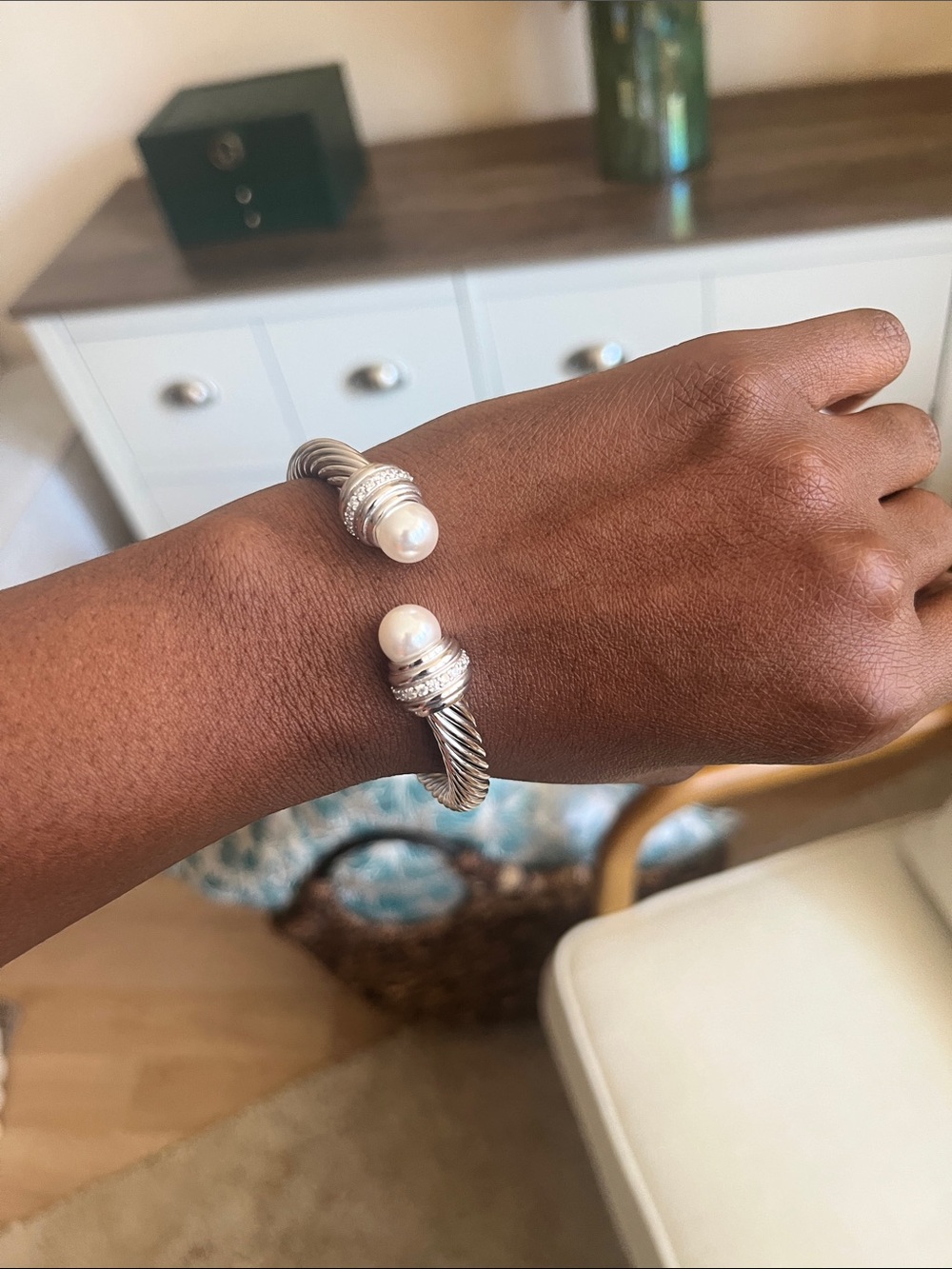 Elegant Silver Cable Cuff Bracelet with White Pearl Endcaps